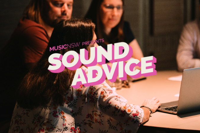 Sound Advice logo over image of three people sitting at a table and looking at a laptop